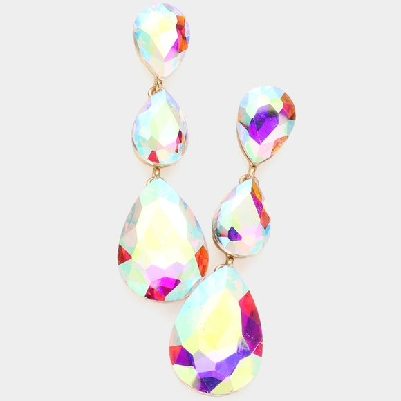 Abalone Dangle Crystal Earrings 2.75 Inch Triple Tear Drop Jewelry - Picture 3 of 3